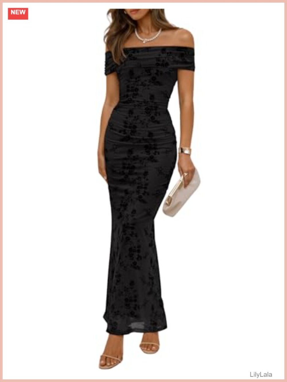 Off Shoulder Floral Bodycon Ruched Maxi Formal Dress